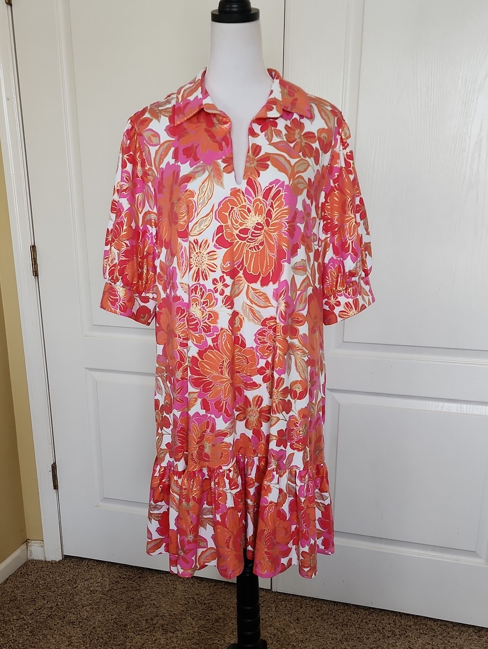 Jude Connally Pink & Orange Floral V-Neck Midi Dress
